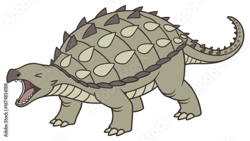 A roaring cartoon Ankylosaurus dinosaur with armored plates and a club tail. An illustration of a prehistoric reptile from the Cretaceous period, isolated on a white background