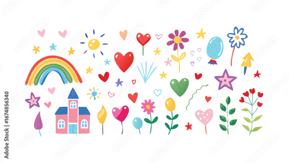 Fototapeta premium Colorful cartoon elements hearts flowers sun rainbow house stars vector