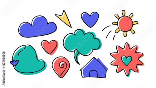 Colorful cartoon doodles of clouds hearts sun and house vector