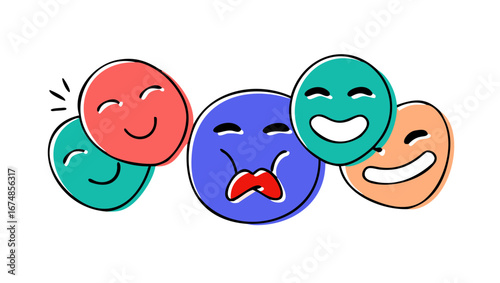 Colorful cartoon faces with various expressions emojis happy