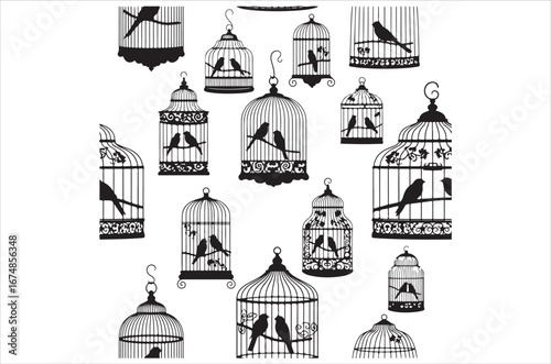 Bird Cage Silhouette Design Bundle, Bird Cage icon set, Hand Drawn Bird Cage Black Silhouette Vector Illustration Design, Bird cage icon Isolated flat vector in outline.
