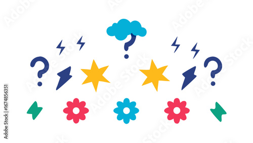 Colorful cartoon icons with lightning bolts and flowers stars