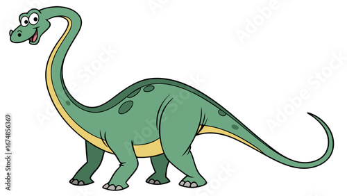 Cute green Brachiosaurus dinosaur with a long neck. A happy cartoon prehistoric animal character standing and smiling, isolated on a white background