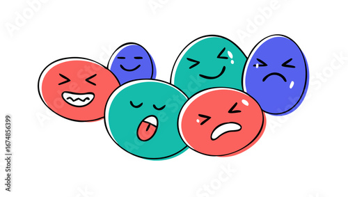 Colorful cartoon faces with various expressions emotions happy