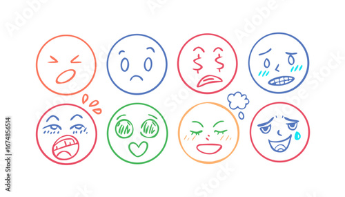 Colorful doodle faces expressing emotions sketch