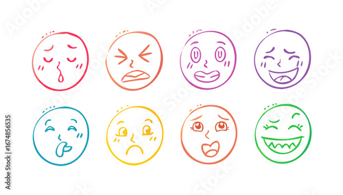 Colorful doodle faces expressing various emotions expressive