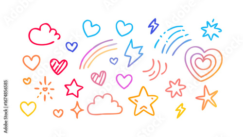 Colorful doodle hearts stars and clouds lightning bolts rainbow
