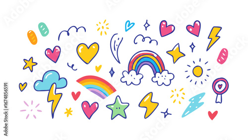 Colorful doodle icons hearts rainbow stars lightning bolts sun vector