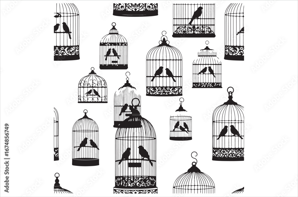 Fototapeta premium Bird Cage Silhouette Design Bundle, Bird Cage icon set, Hand Drawn Bird Cage Black Silhouette Vector Illustration Design, Bird cage icon Isolated flat vector in outline.