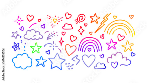 Colorful doodle icons of hearts stars clouds lightning and rainbows vector