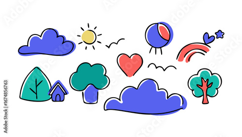 Colorful doodle illustrations of nature and abstract shapes vector