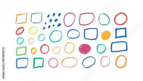 Colorful doodle shapes and dots labels circles