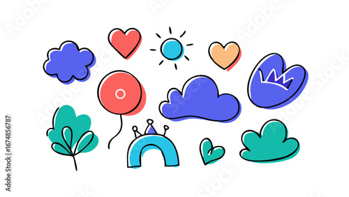 Colorful doodle shapes hearts clouds abstract elements vector