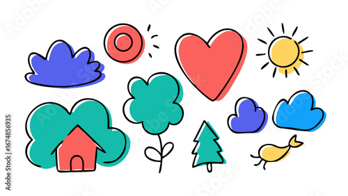 Colorful hand drawn doodles of nature and objects vector