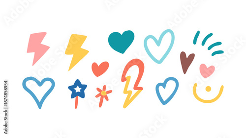 Colorful hand drawn hearts lightning bolts and stars vector