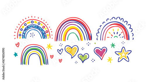 Colorful hand drawn rainbows hearts and stars doodle