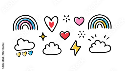 Colorful hearts rainbows and lightning bolts yellow pink