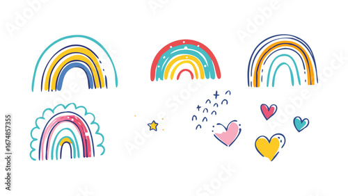 Colorful rainbows and hearts with playful doodles vector