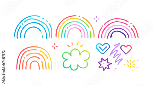 Colorful rainbow and star icons with playful elements stars hearts