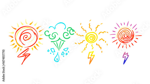 Colorful suns lightning bolts and weather icons swirl