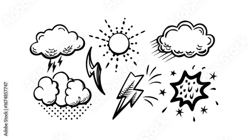 Comic book explosion sound effects with lightning and clouds vector