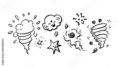 Comic style weather doodles with tornadoes and clouds cyclone storm