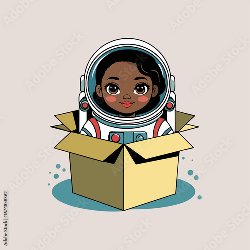 A cute astronaut peeking out from a treasure chest-shaped box, surrounded by sparkling jewels and friendly pirate-themed space creatures, all smiling at the adventure.