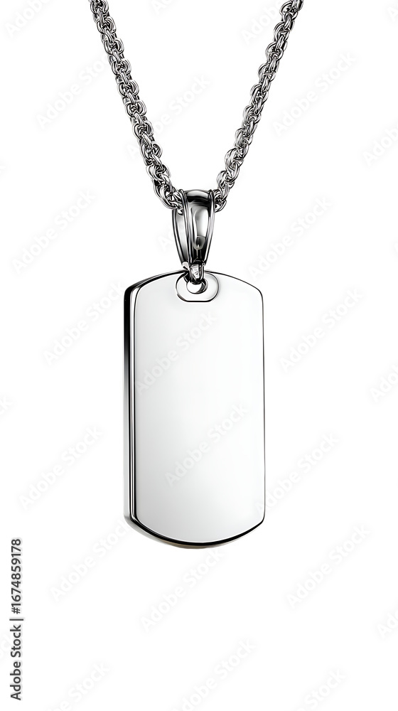 Fototapeta premium Silver dog tag pendant necklace with chain isolated on transparent background.