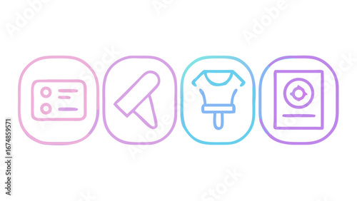 Four icons representing identity card megaphone clothing and disc graphic
