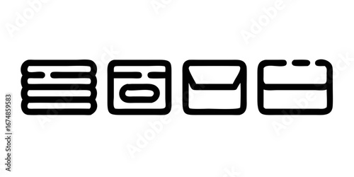 Four rectangular panels with horizontal lines and a circle document paper