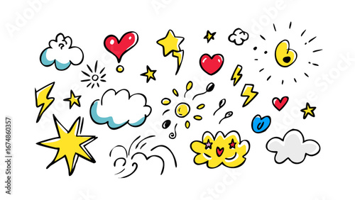 Hand drawn comic doodles hearts stars lightning clouds vector