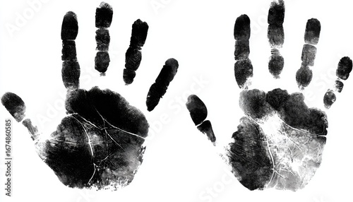 Two black handprints on a white background.  Detailed impressions of child's hands, showing ridges and creases.  Ink prints are slightly uneven and textured