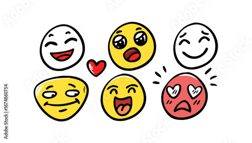 Hand drawn expressive emoji faces with heart doodle
