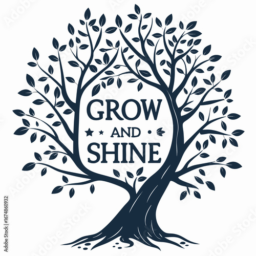 Stylized dark blue tree with inspirational text branches