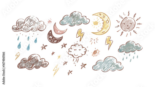 Hand drawn weather elements with muted colors vintage retro