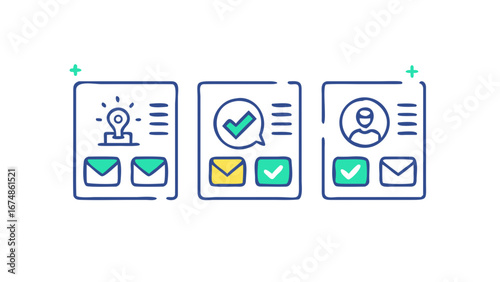 Idea check and user icons with envelopes blue green