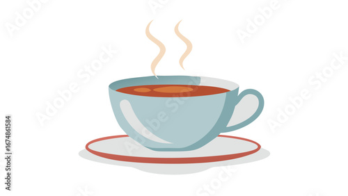 Light blue teacup with amber liquid and steam saucer hot drink