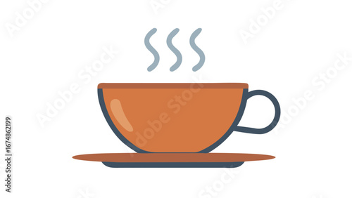 Orange teacup with steam and saucer hot drink beverage