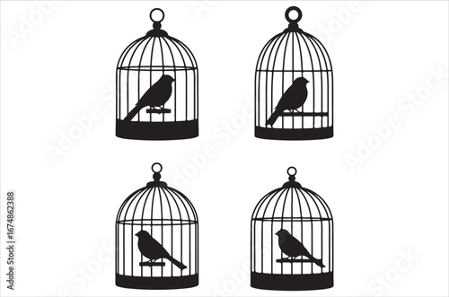 Bird Cage Silhouette Design Bundle, Bird Cage icon set, Hand Drawn Bird Cage Black Silhouette Vector Illustration Design, Bird cage icon Isolated flat vector in outline.