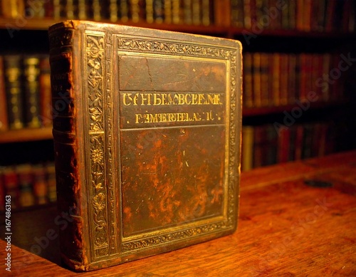 Ornate antique book on wooden table