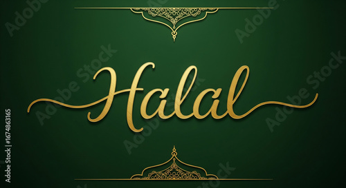 Elegant Islamic design featuring the golden word Halal on a dark green background with decorative Arabic arches and ornaments.