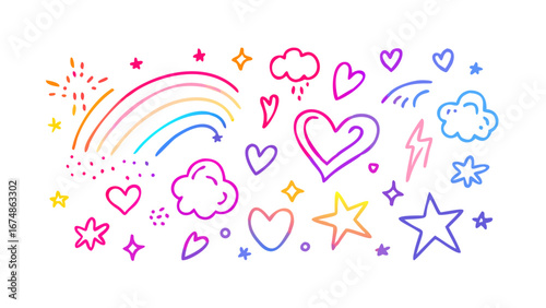 Rainbow shooting stars hearts and clouds doodles vector