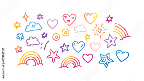 Rainbow stars hearts and clouds doodle icons doodles