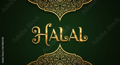 Elegant Islamic design featuring the golden word Halal on a dark green background with decorative Arabic arches and ornaments.