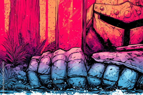 Epic Fantasy Knight Armor in Enchanted Forest at Sunset – Vibrant Comic Art, Heroic Illustration, Bright Colors