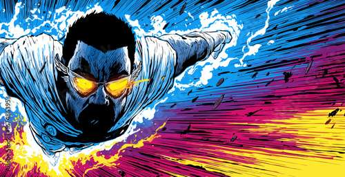 Dynamic Superhero Flying Illustration – Vibrant Comic Book Style, Speed Motion, Explosive Colors, Powerful Action Pose
