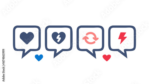 Social media icons with hearts and lightning bolts speech bubbles