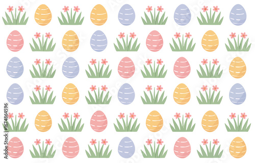 Seamless Easter Pattern with Pastel Colored Eggs and Spring Flowers, Cute Hand Drawn Easter Background, Festive Spring Design
