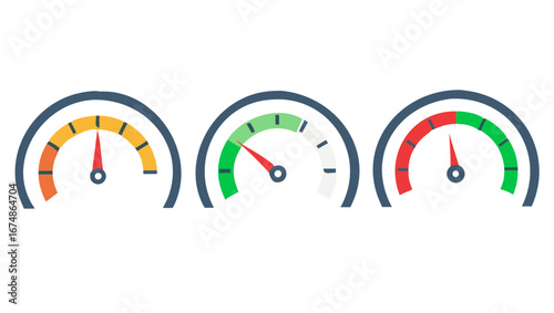 Three colorful gauges with red needles meter speedometer