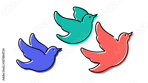 Tablou pe pânză Three colorful birds flying in unison blue teal